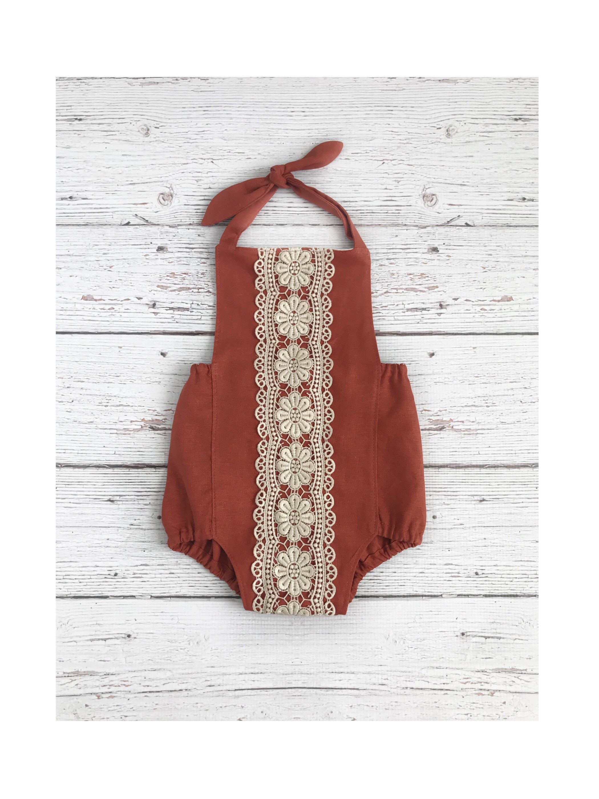 halter tie romper burnt orange linen lace trim