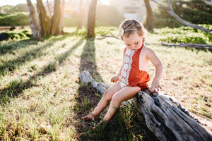 toddler first birthday outfit rust linen with crochet trim