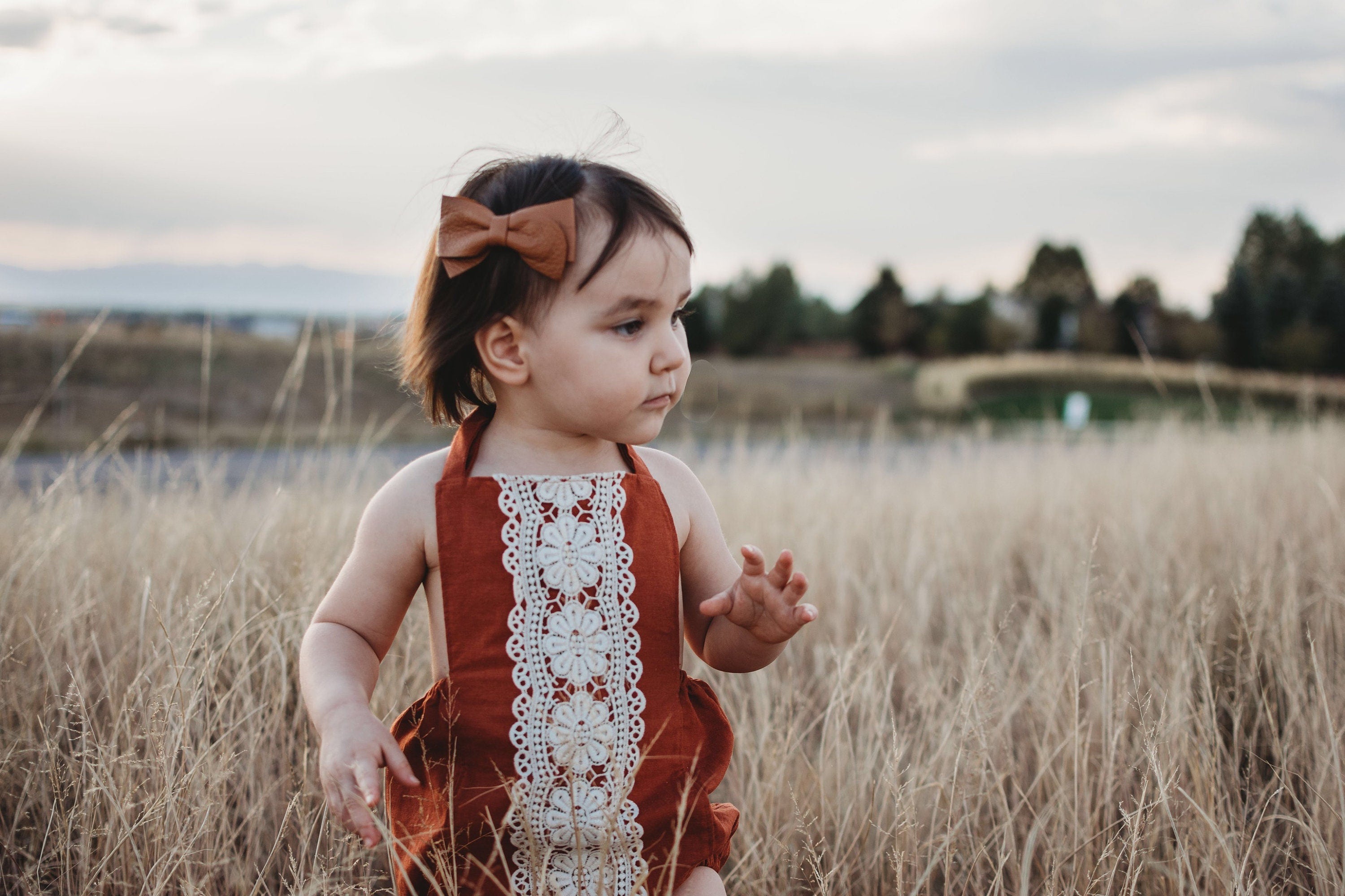 fall baby girl rust romper with lace trim